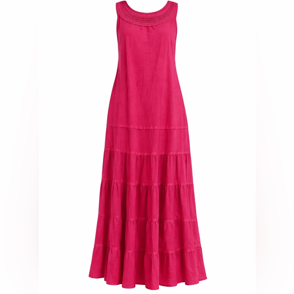 Pink Tiered Maxi Dress Cotton Boho Sundress Sleeveless Crochet Neck 10